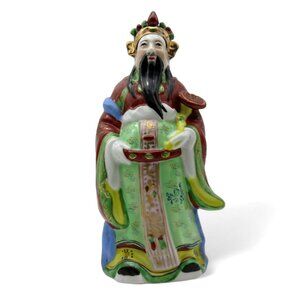 CHINESE God of WEALTH Hand Painted Ceramic Figurine Vintage 8.5"